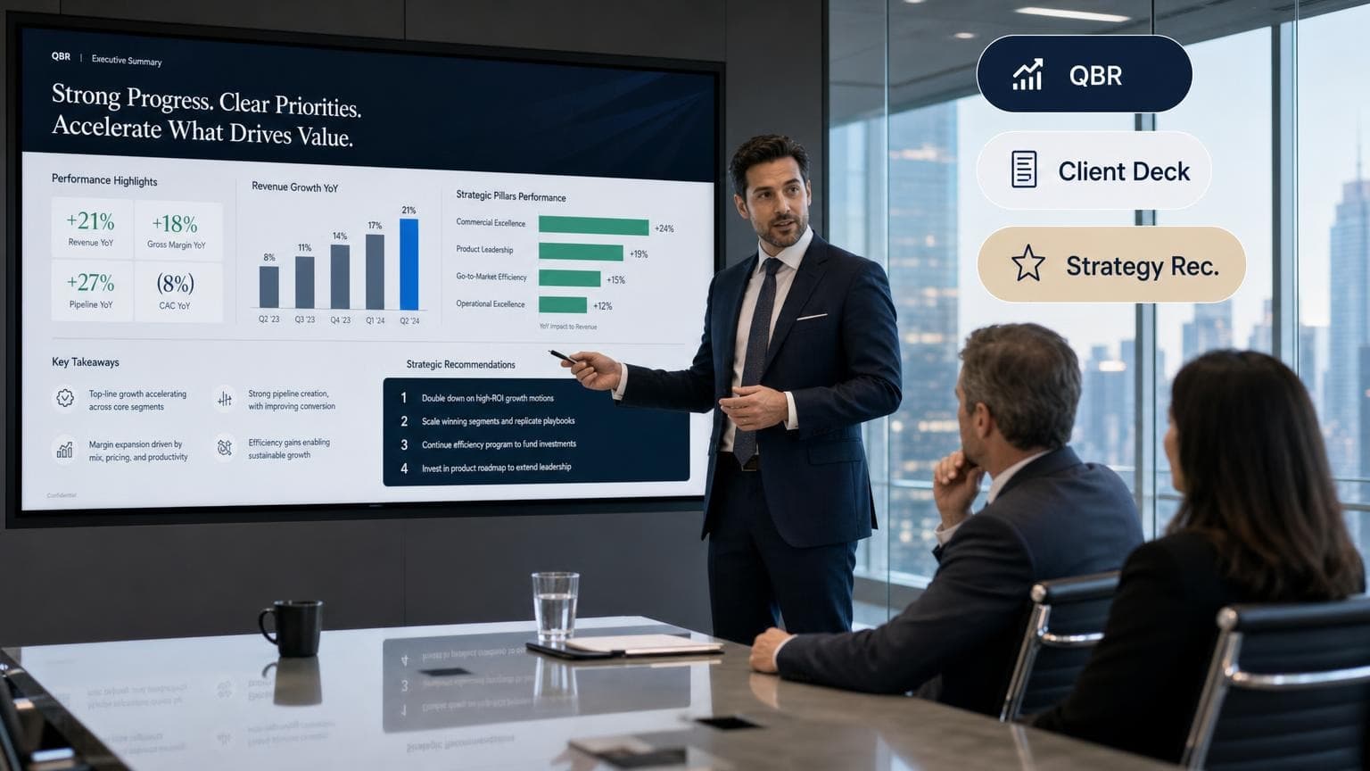 Strategy consultant presenting a QBR to executives in a conference room