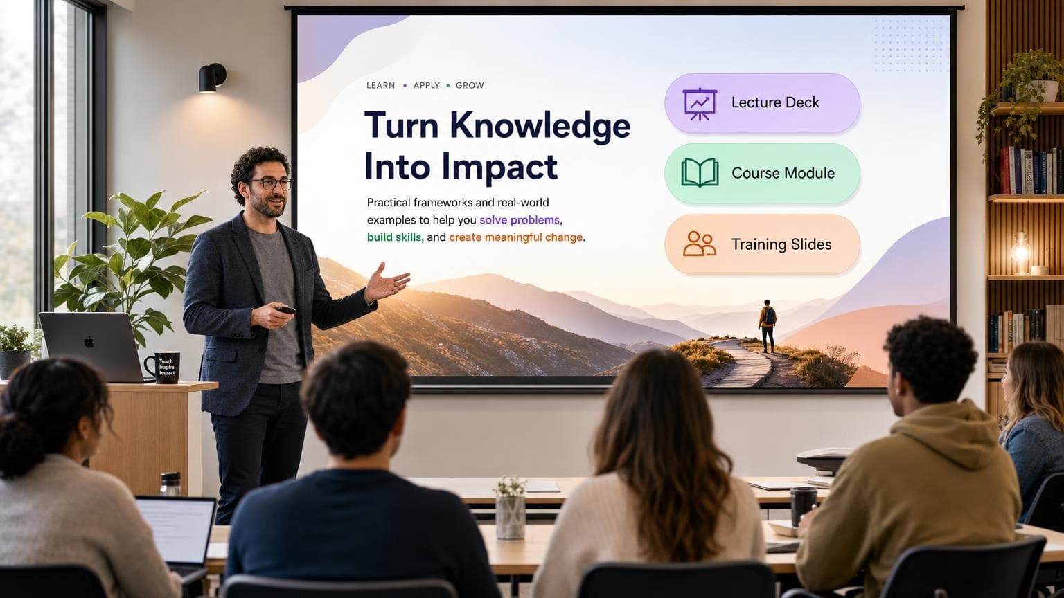 Educator presenting an engaging full-slide visual in a modern lecture room