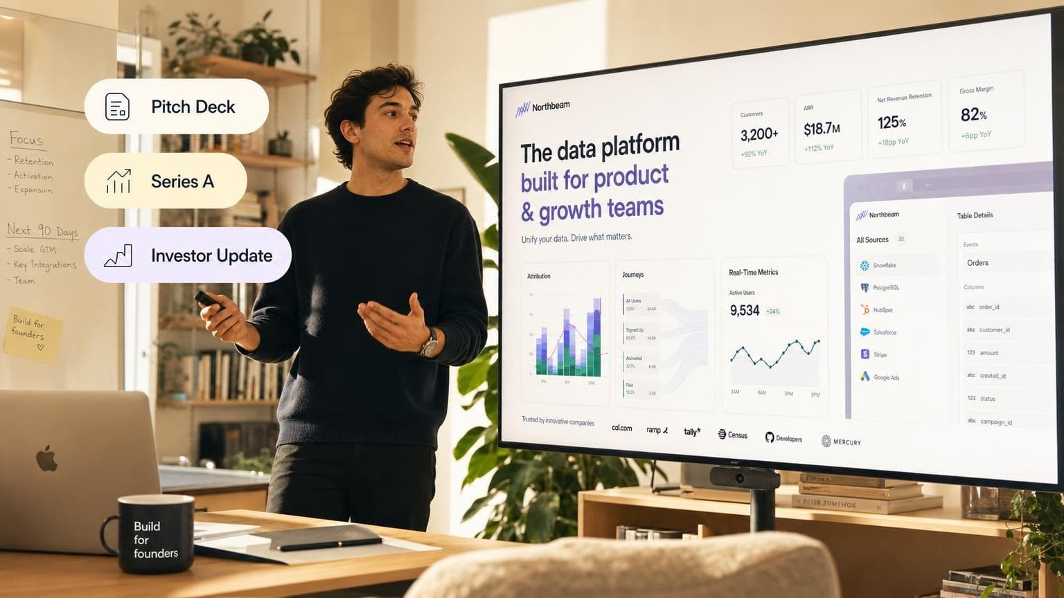 Startup founder rehearsing an investor pitch deck on a large monitor