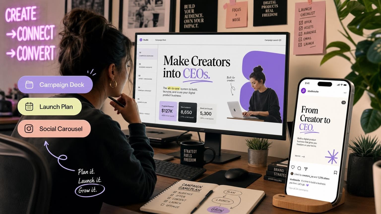 Marketer reviewing a campaign launch deck and social carousel mockup