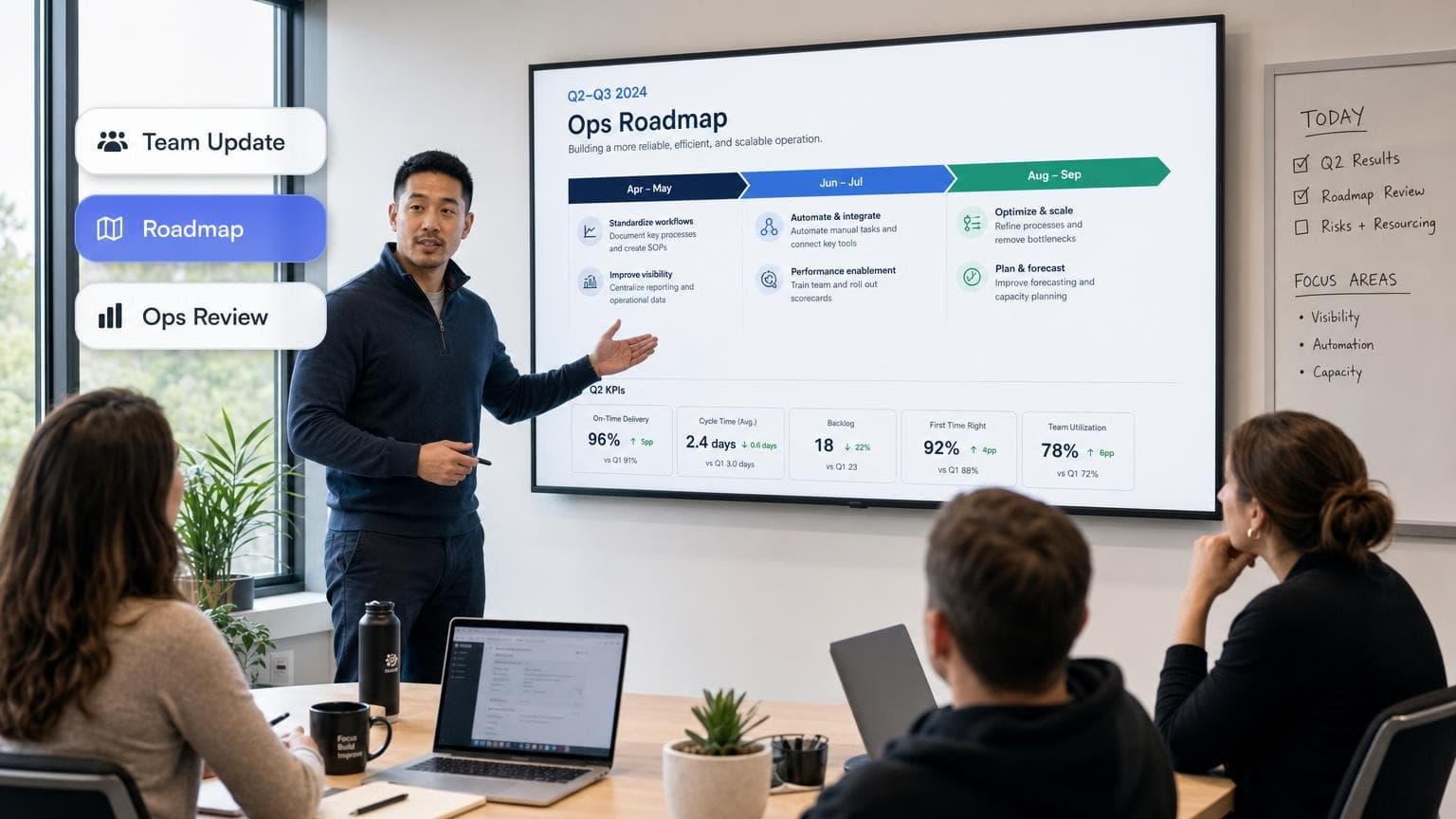 Operations lead presenting an internal roadmap to a small team