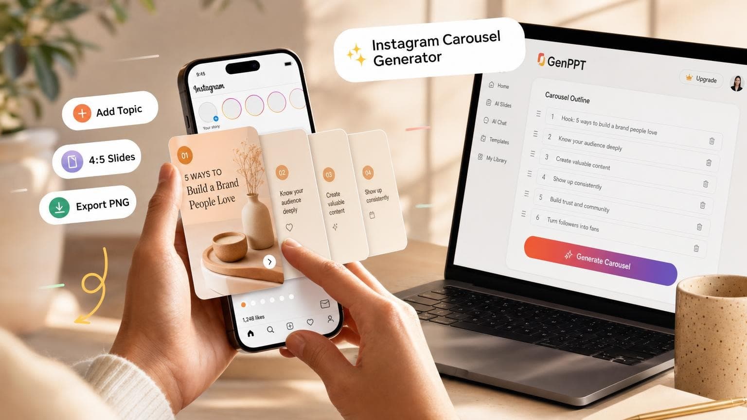 Add a topic in GenPPT and generate 4:5 Instagram carousel slides from an outline