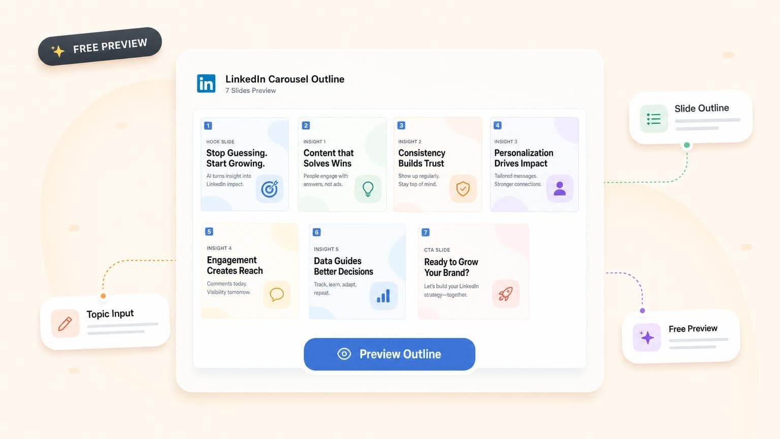 Free slide outline preview with square carousel headlines