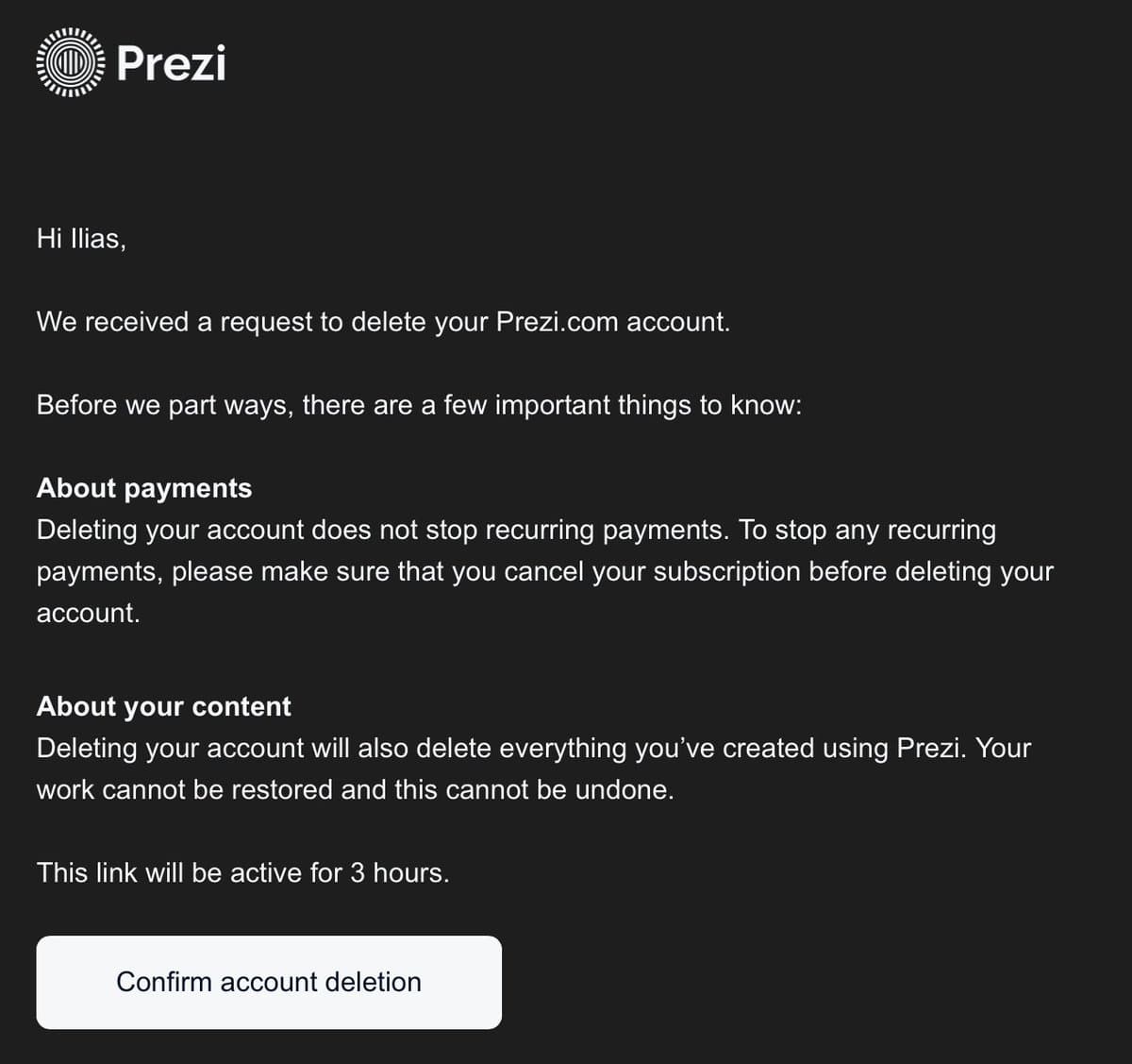 Prezi account deletion email showing warning that deleting account does not stop recurring payments
