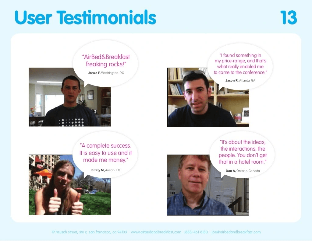 Airbnb pitch deck, User testimonials