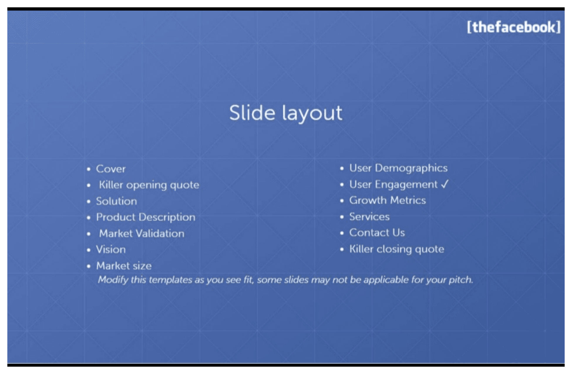 Facebook pitch deck, Slide layout