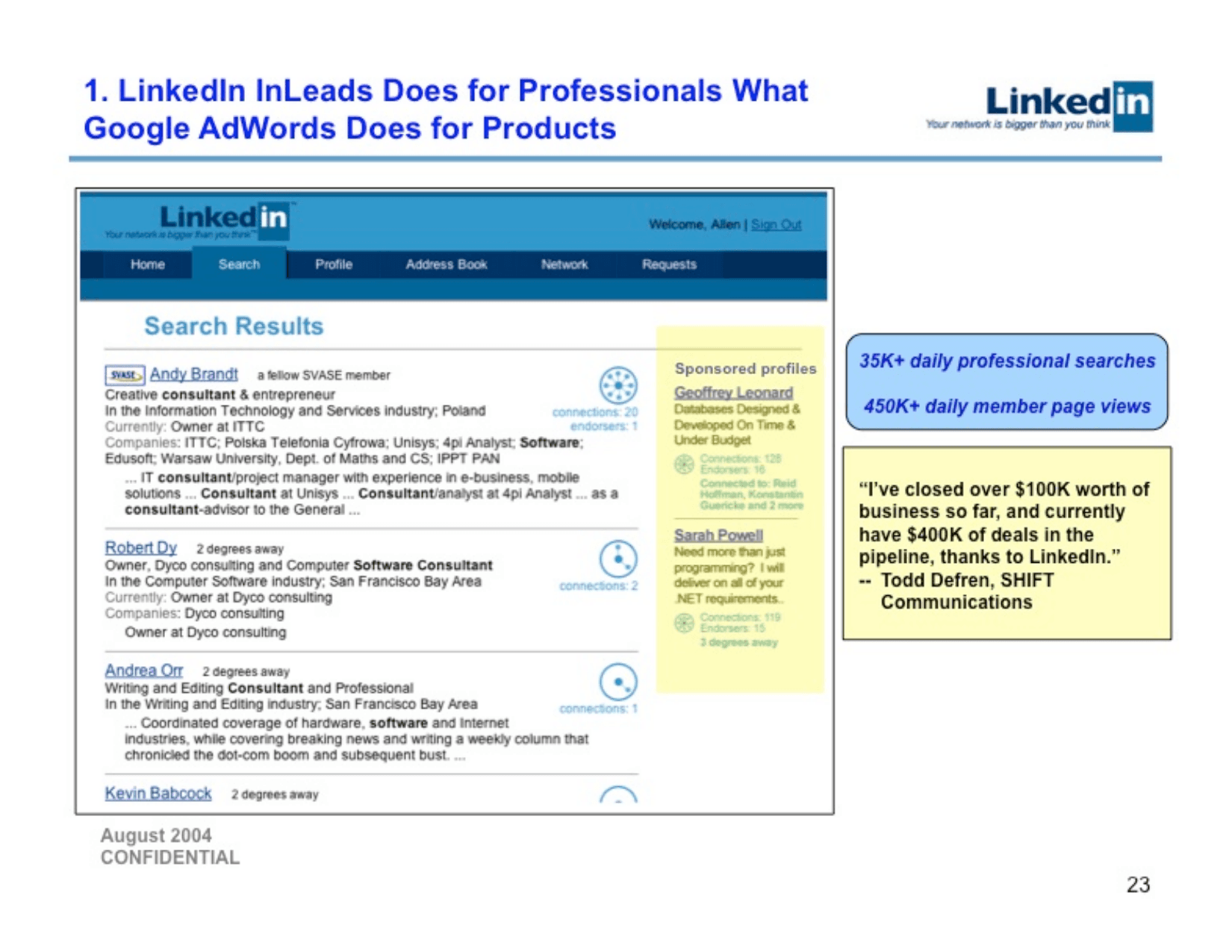 LinkedIn pitch deck, InLeads product