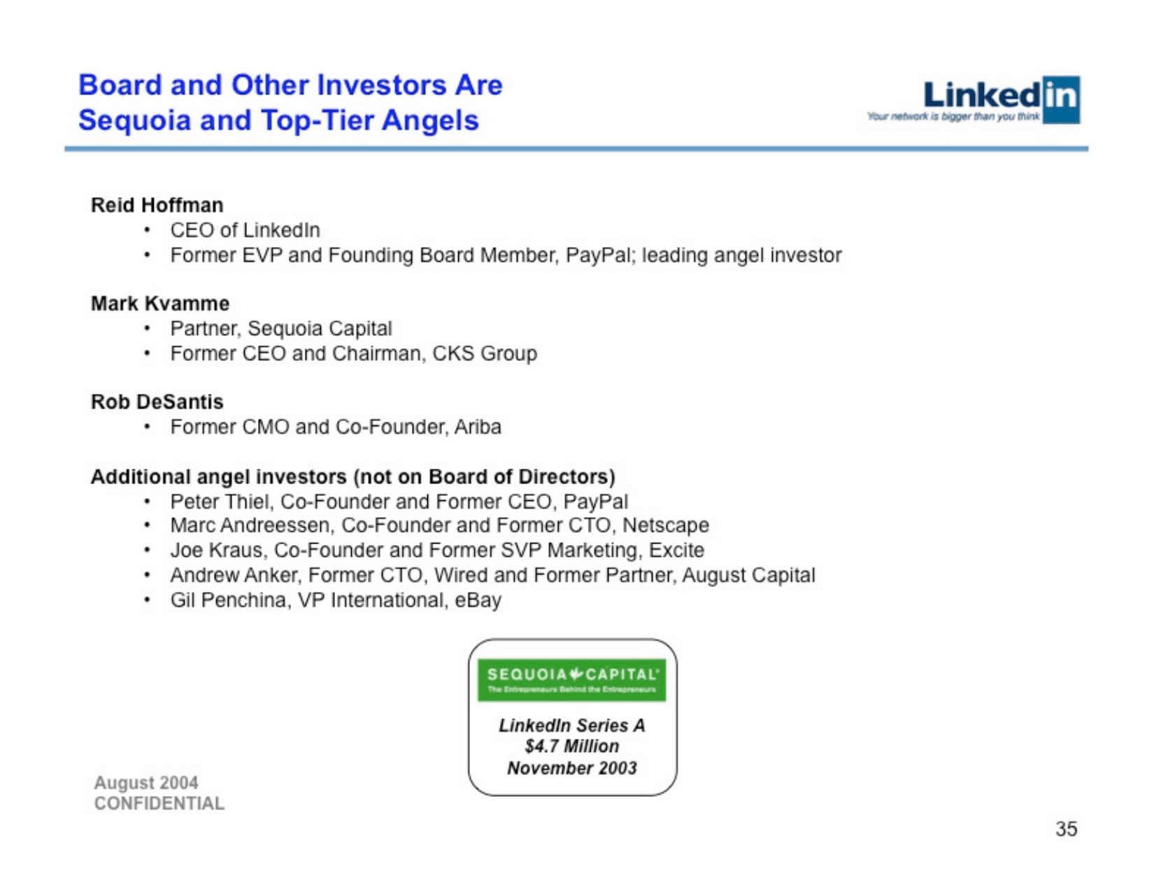 LinkedIn pitch deck, Investors